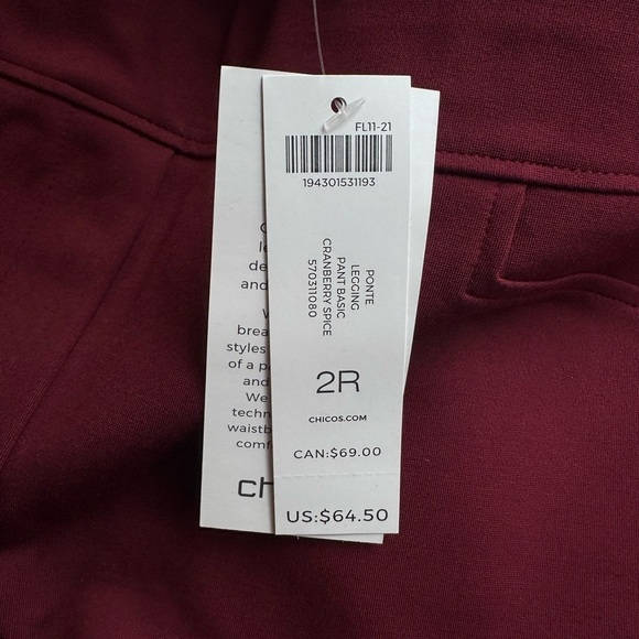 NWT Chico’s Ponte Leggings Cranberry Spice Red Stretch Comfort Pants 2R (US 12) - Picture 7 of 7